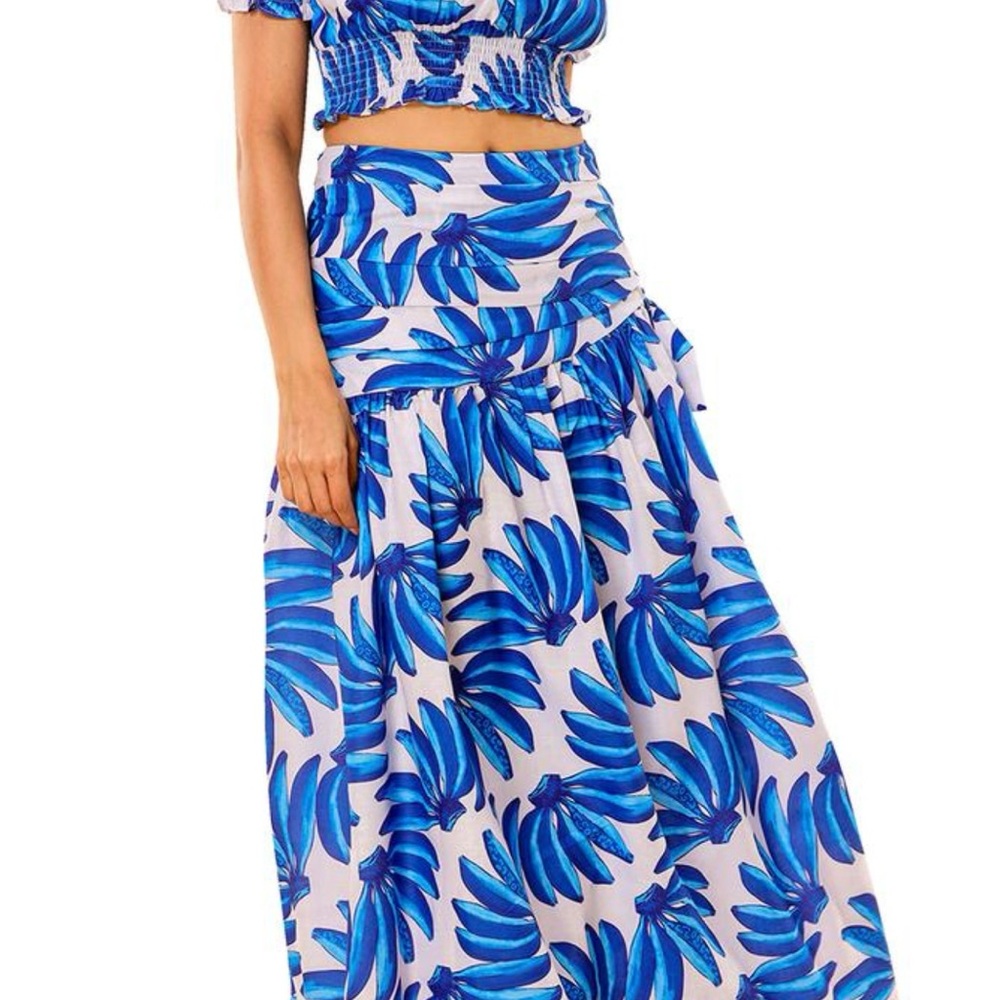 Blue Leaf Print Maxi Skirt - Picture 4 of 10